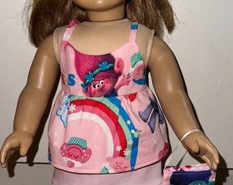 18 inch Doll Clothes Pink Trolls Outfit, Skirt and Shirt with Headband and Purse Fits 18" Dolls