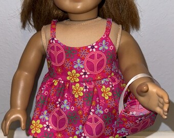 18 inch Doll Outfit, Pink Peace Floral Top and Blue Denim Jean Skirt with Matching Headband and Purse