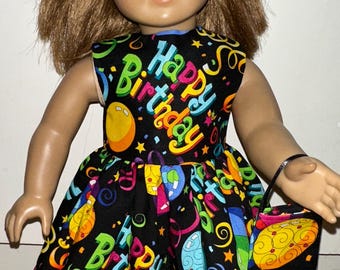 18 inch Doll Clothes Happy Birthday Balloon Black Dress with Headband and Purse For 18" Dolls