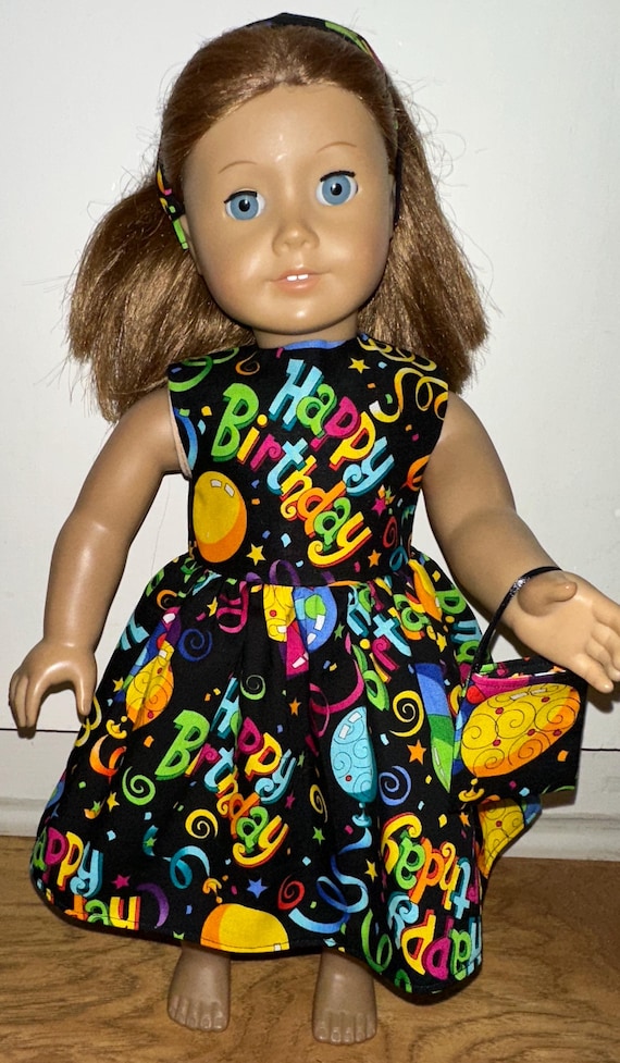 18 inch Doll Clothes Happy Birthday Balloon Black Dress with Headband and Purse For 18" Dolls
