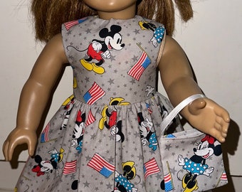 18 inch Doll Mickey & Minnie Mouse Patriotic USA Flag Grey Dress, with Headband and Purse Fits 18" Dolls Clothes Outfit