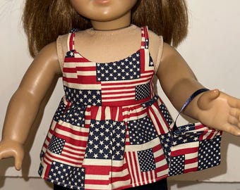 18 inch Doll American Flag Patriotic 4th of July Outfit, Top & Jean Skirt with Matching Headband and Purse