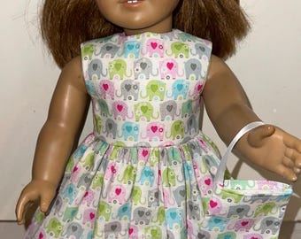 18 inch Doll Pastel Elephant Dress, with Matching Headband and Purse
