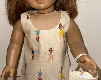 18 inch Doll Clothes Hawaiian Girl Hula Dancer Shift Dress, with Matching Headband and Purse