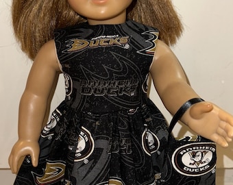 18" Doll Black Dress, Anaheim Ducks with Matching Headband and Purse
