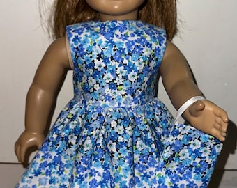 18 inch Doll Dress Blue Floral with Matching  Headband and Purse