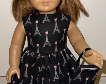18 inch Black “Paris” Eiffel Tower Doll Dress with Matching Headband and Purse