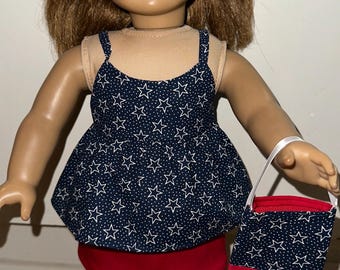 18 inch Doll Patriotic 4th of July Outfit, Blue Star Top & Red Skirt with Matching Headband and Purse