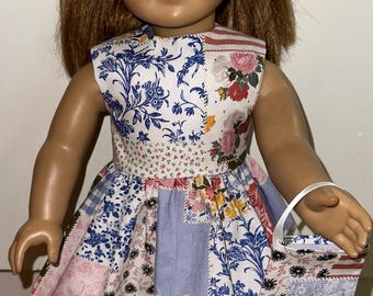 Patchwork Quilt 18 inch Doll Dress with Matching Headband and Purse, fits 18” dolls