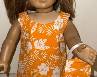 18 Inch Doll Orange Floral Shift Dress Hawaiian Outfit with Matching Headband & Purse