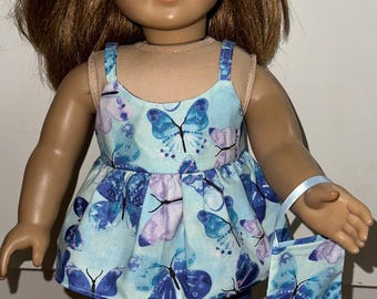 18 inch Doll Blue Butterfly Outfit with Matching Headband and Purse, Shirt & Pants