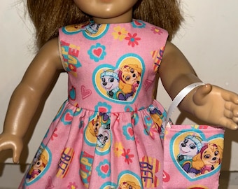 18 Inch Doll Dress Pink Paw Patrol Outfit with Matching Headband & Purse