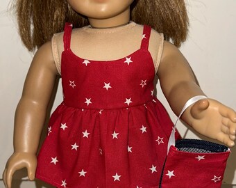 18 inch Doll Patriotic Star 4th of July Outfit, Red Top & Jean Skirt with Matching Headband and Purse