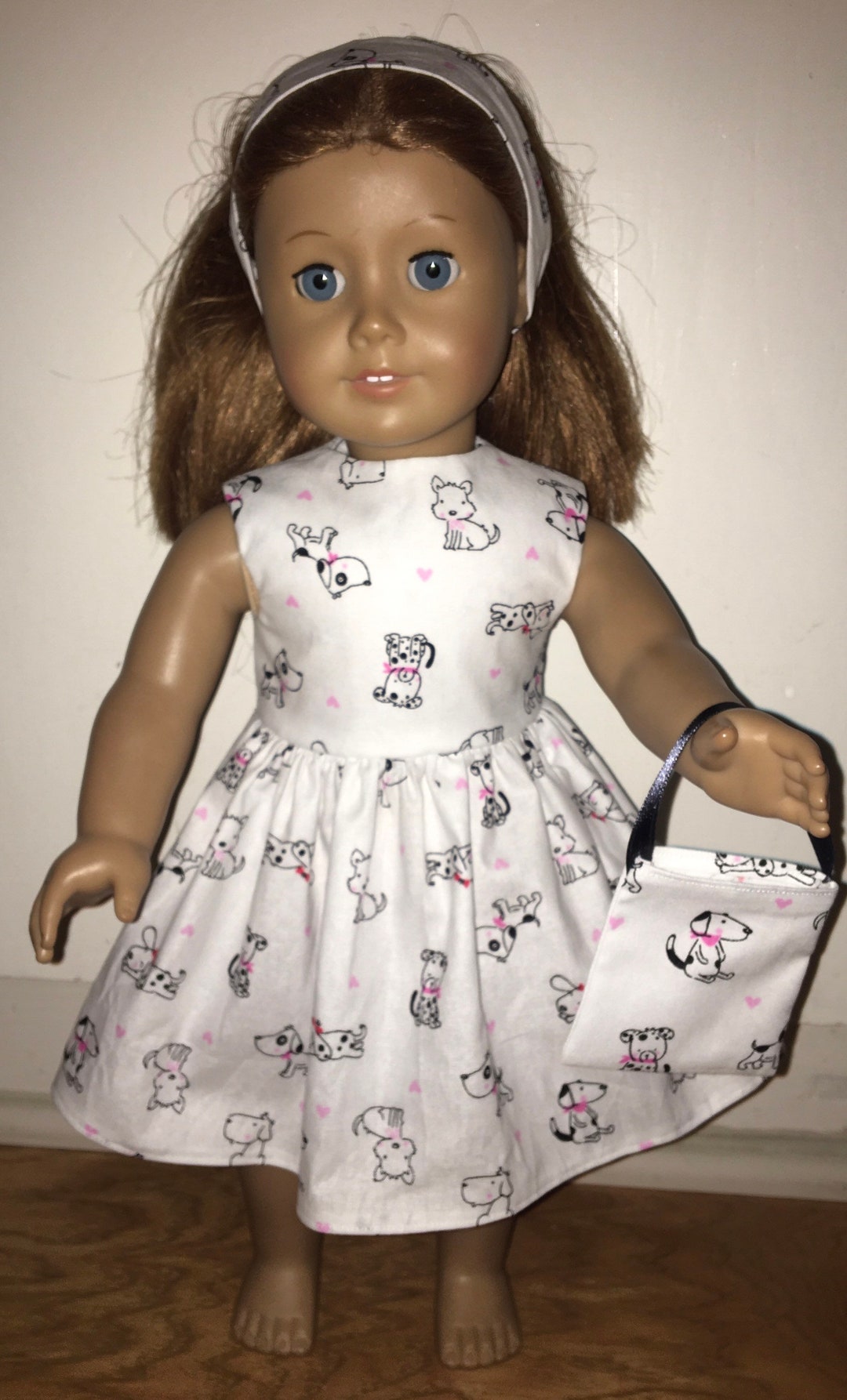 18 Inch Doll Dress White Puppy Dog Outfut With Pink Hearts Includes