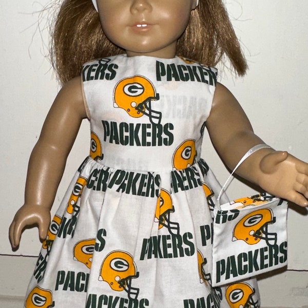 18 Inch Doll Dress Green Bay Packers NFL Football Dress with Headband and Purse For 18” Dolls