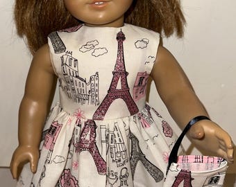18 inch White Doll Dress “Paris” Theme Glitter Eiffel Tower Dress with Headband and Purse Fits 18" Dolls