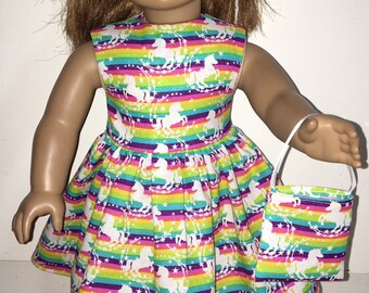 Unicorn Rainbow Stripes Doll Dress for 18 inch Dolls with Matching Headband and Purse