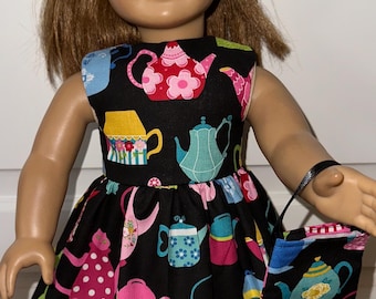 18 inch Black Colorful Teapot Doll Dress, with Matching Headband and Purse