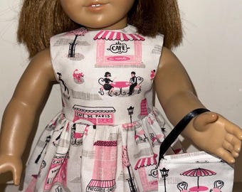 18 inch White & Pink Paris Cafe Doll Dress with Matching Headband and Purse