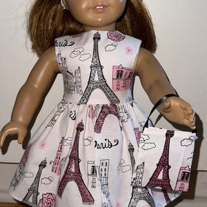 18 inch White Doll Dress “Paris” Theme Glitter Eiffel Tower Dress with Headband and Purse Fits 18" Dolls