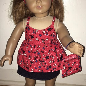 18 Inch Doll 4th of July Outfit: Stars Top, Jean Skirt, Headband & Purse