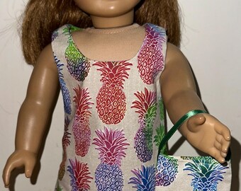 Tropical Pineapple 18 inch Doll Shift Dress with Headband & Purse