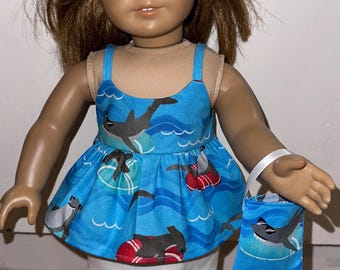 18" Doll Blue Sharks Outfit Top and Skirt with Matching Headband & Purse