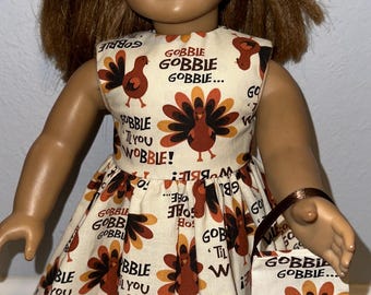 18 inch Doll Thanksgiving Turkey Dress Outfit with Matching Headband & Purse