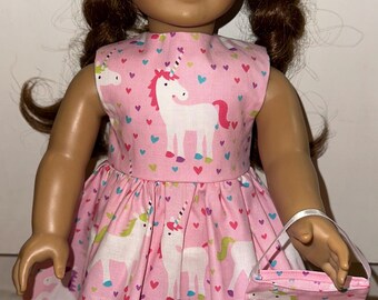 Unicorn Heart Pink Doll Dress for 18 inch Dolls with Matching Headband and Purse
