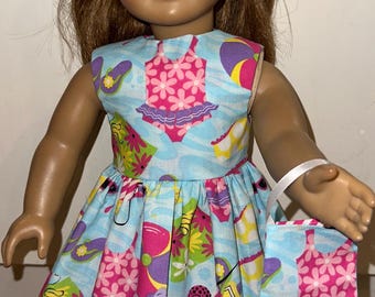 18 inch Doll Clothes Summer Swimming Pool Party Dress Blue includes Matching Headband and Purse