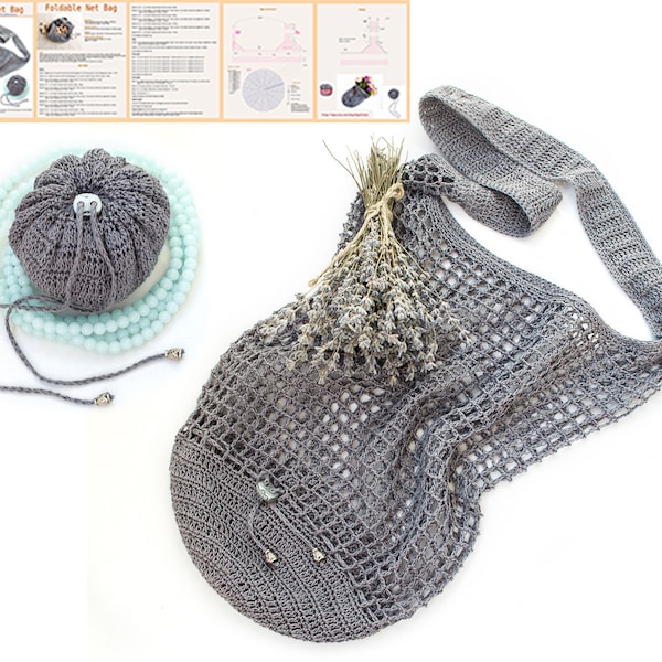 Crochet foldable Net Bag Pattern - Mesh Tote Bag - Shoulder Mesh Bag pattern - Crochet Grocery Bag - Bucket Bag - Simple net PDF - Handbag