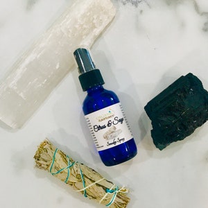 Citrus & Sage Smudge and Aura Spray, Archangel Sandalphon - Crystal Infused Essential Oil Blend, Negative Energy, Aura Clearing, Protection
