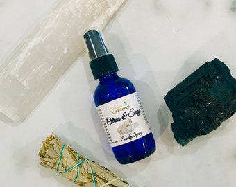 Citrus & Sage Smudge and Aura Spray, Archangel Sandalphon - Crystal Infused Essential Oil Blend, Negative Energy, Aura Clearing, Protection