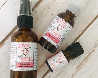 Mezcla de aceites esenciales afrodisíacos Love Spell, cristales de cuarzo rosa, aceite de aromaterapia, espray de aceite esencial, bruma corporal, espray para el aire, la ropa y el cuerpo.