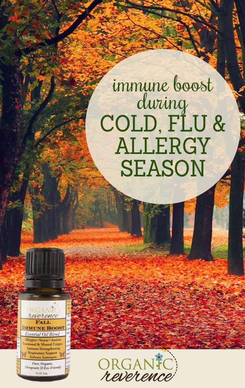 May include: A brown glass bottle with a black cap and a white label that reads "ORGANIC reverence FALL IMMUNE BOOST Essential Oil Blend Allergies Stress Anxiety Emotional & Mental Fatigue Immune Strengthening Respiratory Support Airborn Antiseptic Pure, Organic, Therapeutic & Eco-Friendly 15ml/ .5oz". The bottle is sitting on a bed of red and orange leaves in a forest setting. The text "immune boost during COLD, FLU & ALLERGY SEASON" is superimposed on the image.