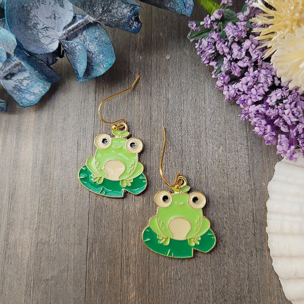 Frog earrings, Frog Lover gift, Cute Frog Earrings, Unique Gift, Small Gold Earrings, Minimalist Earrings, Funny Frog on Lilypad Earrings