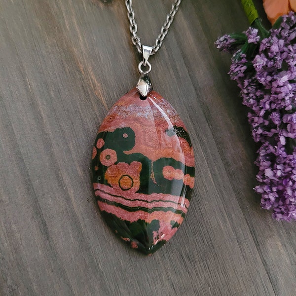 Pink Green Ocean Jasper Stone Necklace One of a Kind Jewelry Unique Stone Pendant Gift Colorful Ocean Jasper Stone Necklace