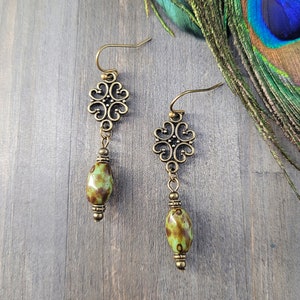 Jasper Stone Earrings: Olive Green & Bronze Boho Dangle, Unique Bohemian Rustic Jewelry