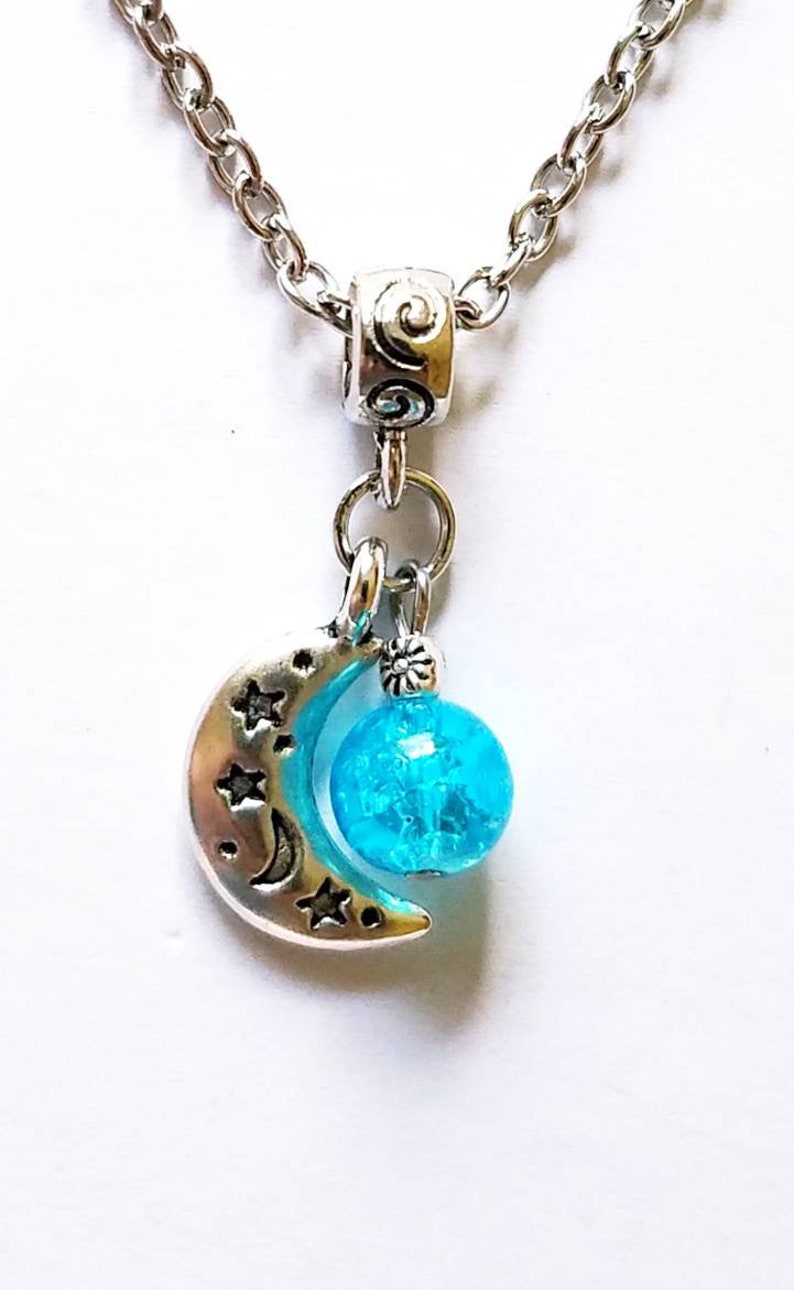 Crescent Moon Necklace Shimmering Crackled Glass Pendant Necklace Unique Gift For Her Mystical Stevie Nicks Style Jewelry Gypsy Boho