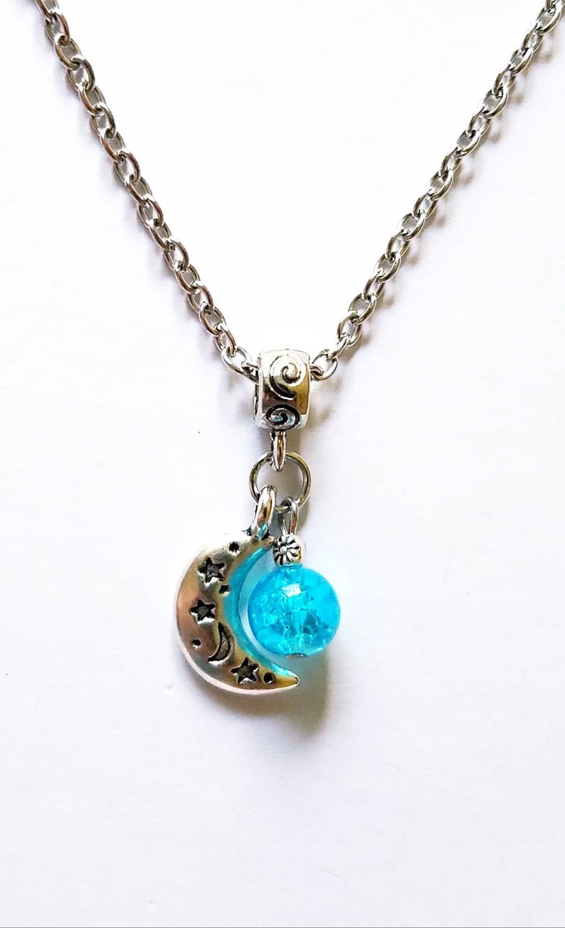 Crescent Moon Necklace Shimmering Crackled Glass Pendant Necklace Unique Gift For Her Mystical Stevie Nicks Style Jewelry Gypsy Boho