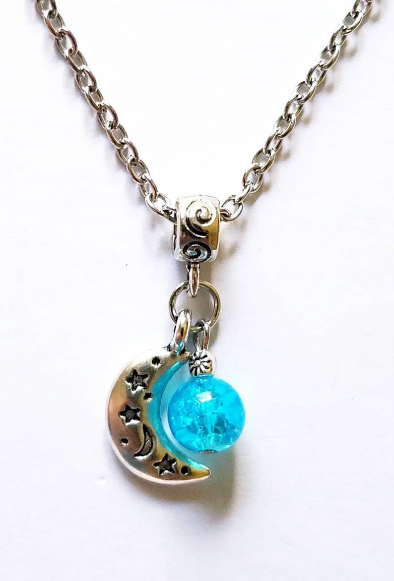 Crescent Moon Necklace Shimmering Crackled Glass Pendant Necklace Unique Gift For Her Mystical Stevie Nicks Style Jewelry Gypsy Boho