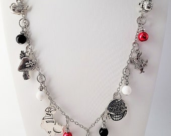 Alice in Wonderland Necklace, Caterpillar Charm Necklace, Cheshire Cat Necklace, Boho jewelry, Red Black White, Unique Gift Alice Wonderland