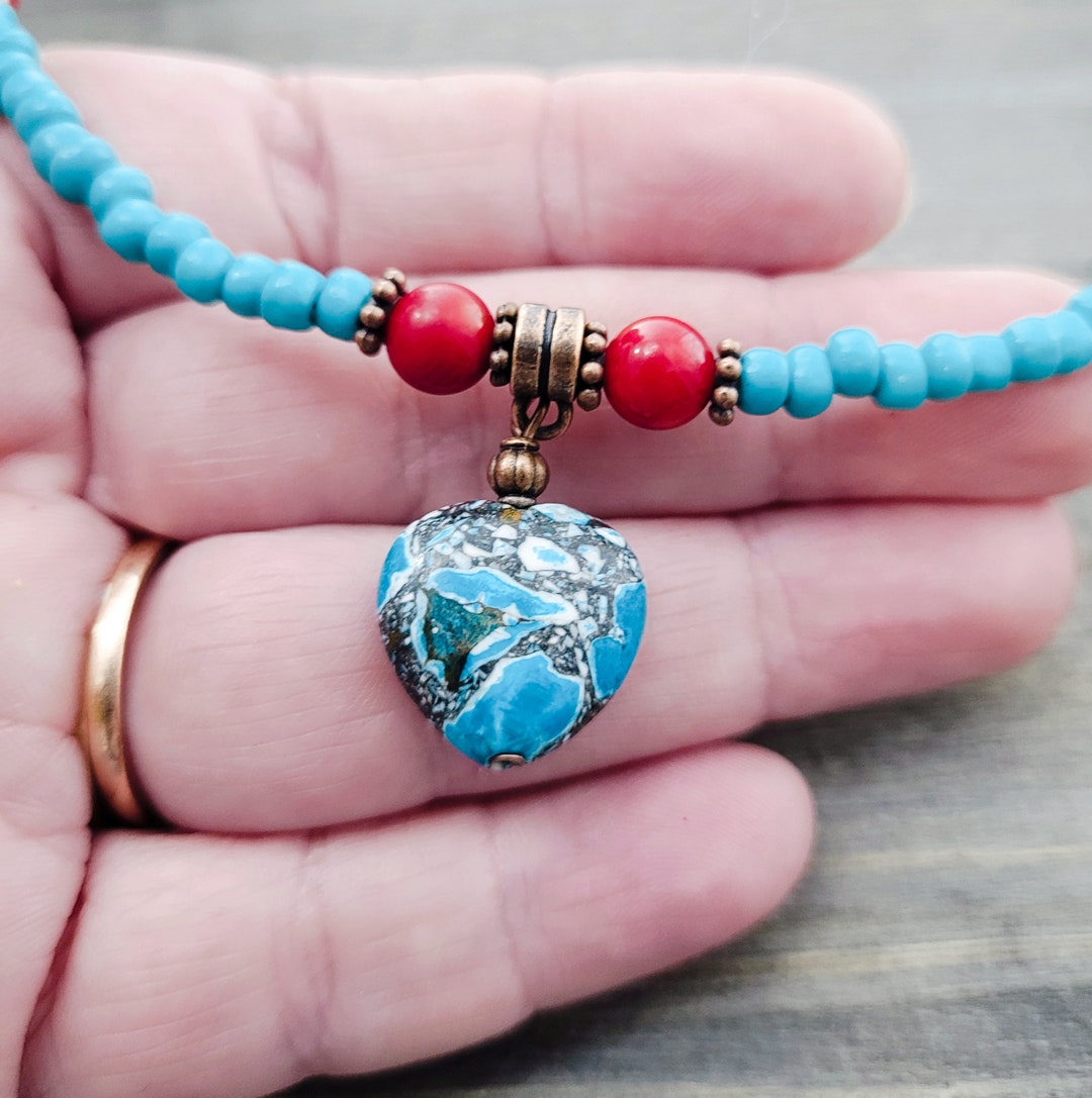 Boho Choker Necklace, Turquoise Choker, Turquoise and Coral Red