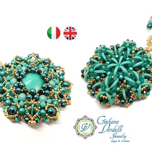 May include: Two turquoise and gold beaded necklaces. One necklace features a large, round pendant with a central turquoise stone, surrounded by teal beads and gold accents. The other necklace has a starburst pendant in teal and gold. The logo for Giuliana Verdelli Jewelry is in the lower right.