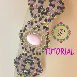 Tutorial to create a Aracne bracelet with Kheops, Fire Polished Beads or Round Beads, a 18X25 cabochon and Seed Beads. Weaving Beads image 1