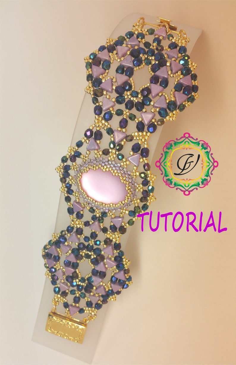 Tutorial to create a Aracne bracelet with Kheops, Fire Polished Beads or Round Beads, a 18X25 cabochon and Seed Beads. Weaving Beads image 1