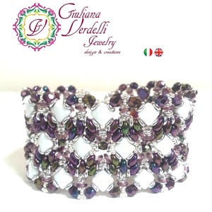 Tutorial to create the double face bracelet Laksmi with Silky Beads, O Beads, Fire Polish, Superduo and Seed Beads. Weaving Beads