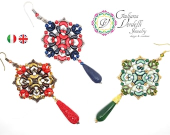 SAMOUCZEK Kolczyki Mardi Gras z Arcos i Minos Par Puca, koralikami Zoliduo i DiamonDuo, Bicono i Rocaille. Tkactwo koralikowe.