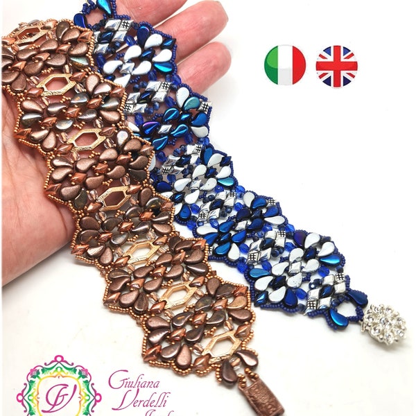 Tutorial for the Mezquita bracelet, two versions, with , Paisley Duo, GemDuo, Mezzi Cristalli, Cymbals, Rocailles. Beadweaving