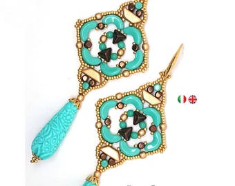 Shakti Earrings TUTORIAL with Arcos Minos Super Kheops Tinos par Puca, Round Beads Seed Beads. Beadweaving.